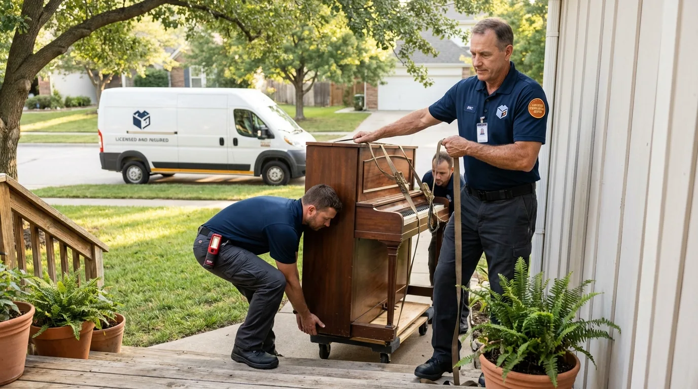 Licensed piano movers securing grand piano in Converse, TX