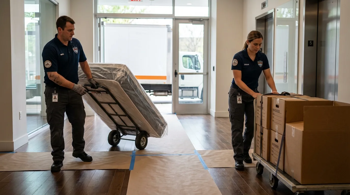 Professional apartment movers loading elevator in Converse, TX