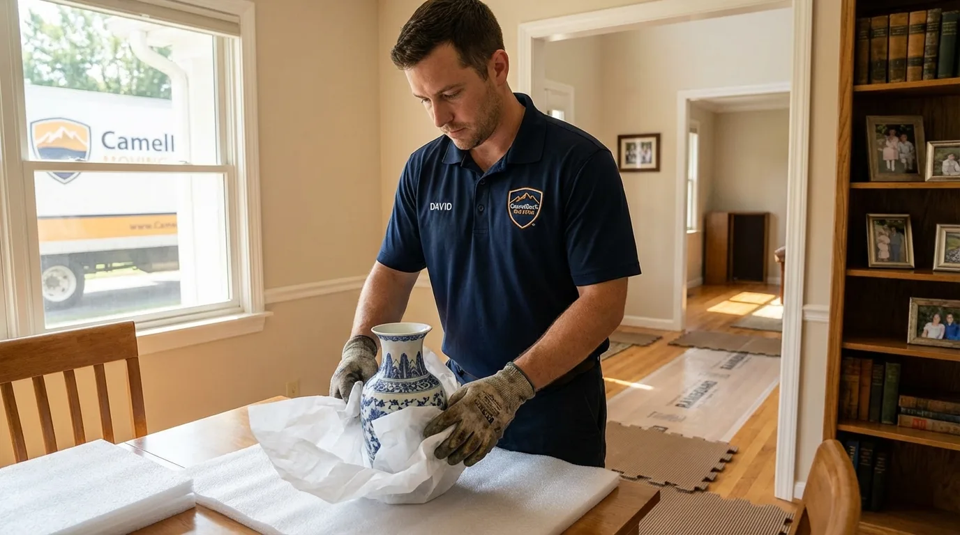 Professional crew carefully wrapping antique vase for senior downsizing move in Converse, TX